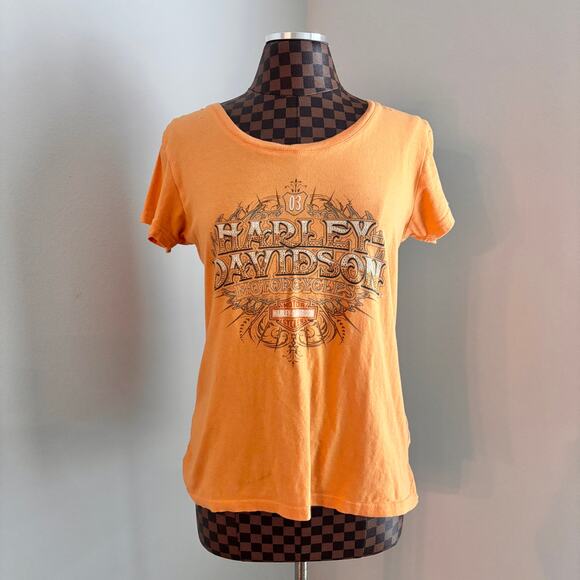 Y2K Harley Davidson Ladies T-Shirt Size L Orange Rhinestone Bikercore Grunge - Picture 2 of 8